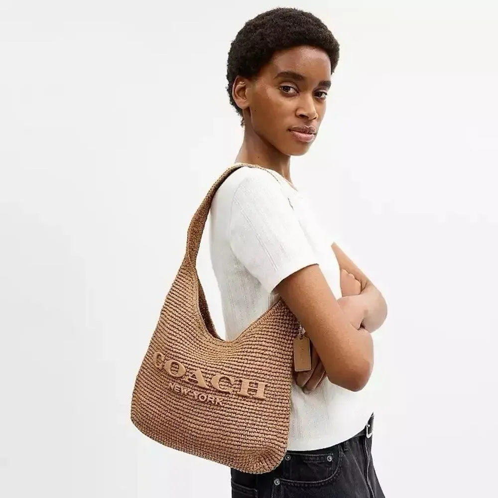 NWT COACH Brooklyn 28 Straw Shoulder Bag CDU75 Handbag Brass/Natural
